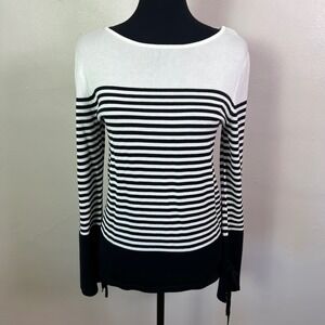 NWT-Chaps Womens Striped Boat Neck Sweater Black White Tie Cuff, Size M NWT